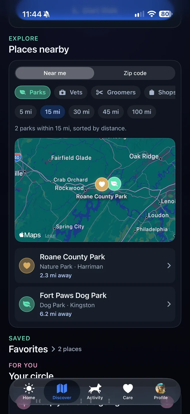 Povalo Places nearby screen showing parks on a map sorted by distance